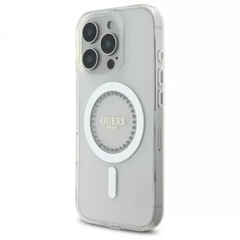 Guess GUHMP16LPFTDTEH Coque rigide pour Apple iPhone 16 Pro 6,3 pouces blanc strass IML MagSafe