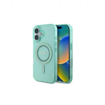 Guess GUHMP16SPFTDTEN iPhone 16 6,1 pouces vert coque rigide IML Rhinestones MagSafe