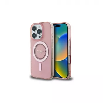 Guess GUHMP16LPFTDTEP Coque rigide IML Rhinestones MagSafe pour iPhone 16 Pro 6,3 rose