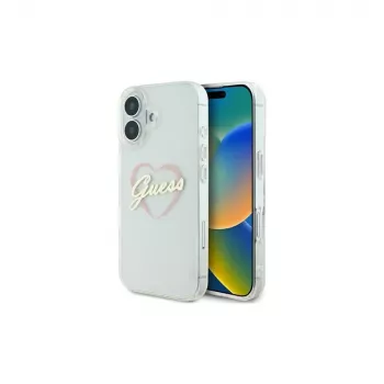 Guess GUHCP16MHCHGSPT Coque rigide pour Apple iPhone 16 Plus, transparent, motif IML Heart