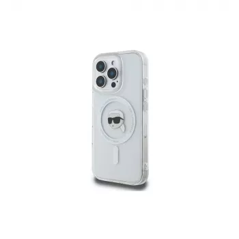 Coque rigide Karl Lagerfeld KLHMP16LHLSKIH IML Metal Karl Head MagSafe pour Apple iPhone 16 Pro, blanche