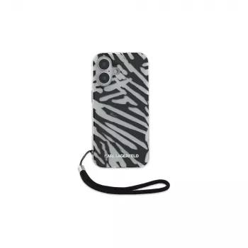 Coque arrière Karl Lagerfeld IML motif zèbre et cordon pour Apple iPhone 16 - Noir