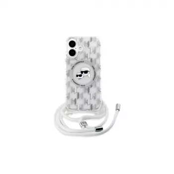 Coque rigide transparente Karl Lagerfeld KLHMP16SHCKCKLCT iPhone 16 6,1 pouces IML bandoulière Monogram Karl & Choupette Head MagSafe
