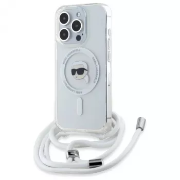 Coque rigide transparente Karl Lagerfeld pour iPhone 16 Pro bandoulière IML Karl Head MagSafe