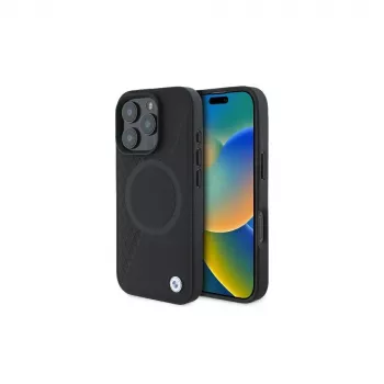 Coque rigide BMW BMHMP16L23RTPK iPhone 16 Pro 6,3 noire Sign Leather Half Textured And Circle MagSafe