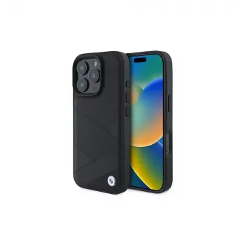 Coque rigide BMW Sign Leather Crossing Lines Pattern pour Apple iPhone 16 Pro 6,3 pouces noire