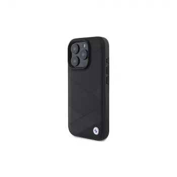Coque rigide BMW Sign Leather Crossing Lines Pattern pour Apple iPhone 16 Pro 6,3 pouces noire