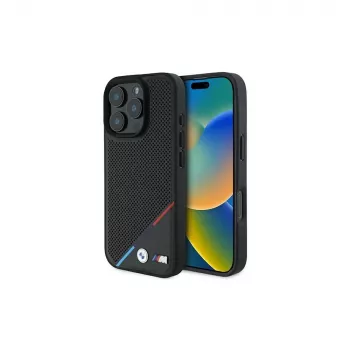 BMW coque rigide M Perforated Tricolor Line pour iPhone 16 Pro 6,3 pouces - noire MagSafe