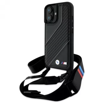 Coque rigide BMW BMHCP16M23PSCCK pour iPhone 16 Plus 6,7 inch M Edition Carbon Stripe & Strap noire
