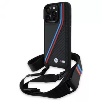 Coque rigide BMW M Edition Carbon Tricolor Lines & Strap pour iPhone 16 Pro 6,3 inch noire