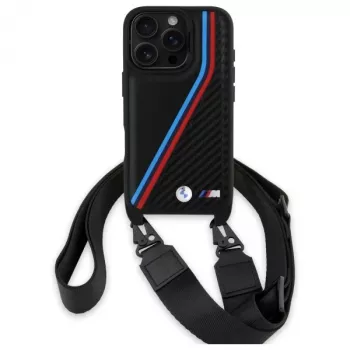 Coque rigide BMW M Edition Carbon Tricolor Lines & Strap pour iPhone 16 Pro 6,3 inch noire