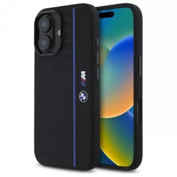 Coque rigide en silicone BMW BMHMP16S23SHEB iPhone 16 6,1 pouces noire Hexagon Blue Line MagSafe