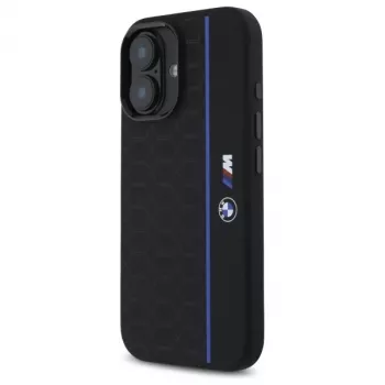Coque rigide en silicone BMW BMHMP16S23SHEB iPhone 16 6,1 pouces noire Hexagon Blue Line MagSafe