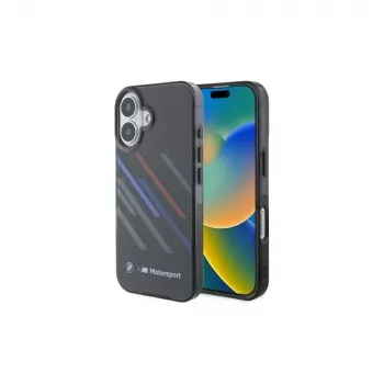 Coque rigide BMW BMHCP16M23HTRAK pour iPhone 16 Plus 6,7 inch noire Motorsport IML Random Stripes
