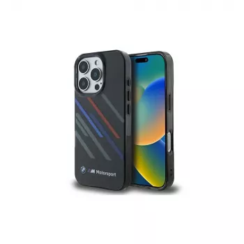 Coque rigide BMW BMHCP16X23HTRAK pour iPhone 16 Pro Max 6,9 inch noire Motorsport IML Random Stripes