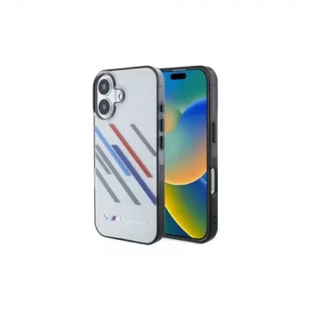 Coque rigide BMW BMHCP16S23HTRAG pour Apple iPhone 16 6,1 inch grise Motorsport IML Random Stripes
