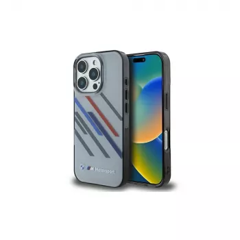 Coque rigide BMW Motorsport pour iPhone 16 Pro 6,3 inch grise IML Random Stripes