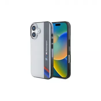 Coque rigide BMW BMHCP16S23HTFEG pour iPhone 16 6,1 inch grise Motorsport IML bande verticale