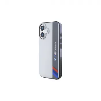 Coque rigide BMW BMHCP16S23HTFEG pour iPhone 16 6,1 inch grise Motorsport IML bande verticale