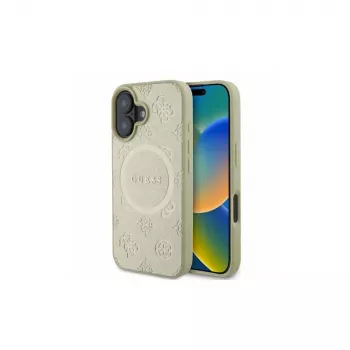 Coque MagSafe Guess Saffiano Peony Classic Logo pour iPhone 16 (dorée)