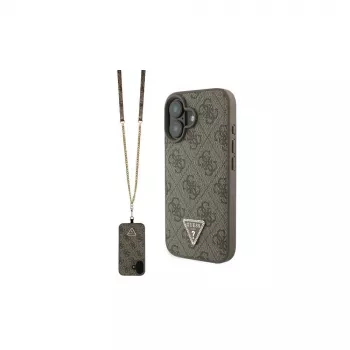 Coque rigide Guess GUHCP16SP4TDSCPW pour iPhone 16 6,1 inch cuir logo métal strass bandoulière marron