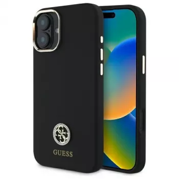 Coque rigide silicone Guess GUHCP16SM4DGPK pour iPhone 16 6,1 inch noire logo strass 4G