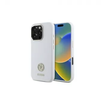 Coque rigide silicone Guess GUHCP16LM4DGPH pour iPhone 16 Pro 6,3 inch blanche avec logo strass 4G