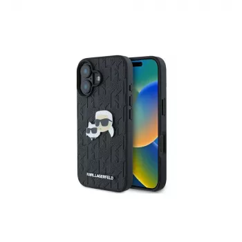 Étui Karl Lagerfeld Monogram Karl & Choupette Head Pin pour iPhone 16 (noir)