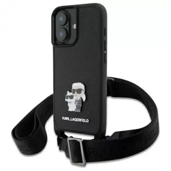 Coque rigide Karl Lagerfeld Saffiano Karl & Choupette Metal Pin CBDY Strap pour iPhone 16 6,1, noire