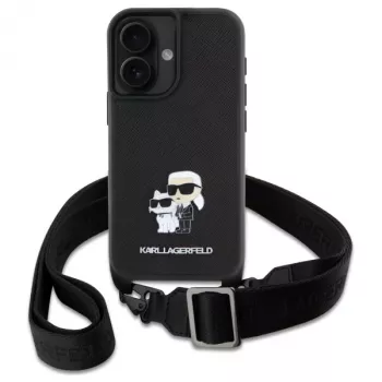 Coque rigide Karl Lagerfeld Saffiano Karl & Choupette Metal Pin CBDY Strap pour iPhone 16 6,1, noire