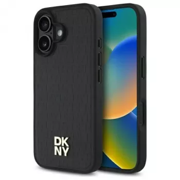 DKNY DKHMP16SPSHRPSK Coque rigide iPhone 16 6.1 noire motif répété Stack Logo MagSafe