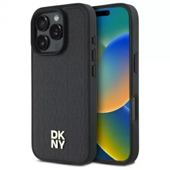 DKNY DKHMP16LPSHRPSK Coque rigide iPhone 16 Pro 6.3 noire motif répété Stack Logo MagSafe