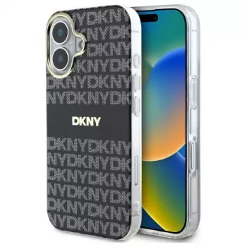 DKNY DKHMP16SHRHSEK Coque rigide pour Apple iPhone 16 6,1 pouces - noire motif texturé répété avec rayure