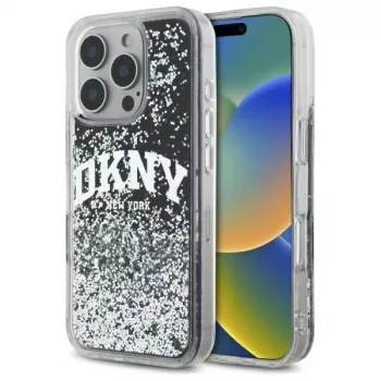 DKNY DKHCP16LLBNAEK Coque rigide iPhone 16 Pro 6,3 pouces noire Liquid Glitter Arch Logo