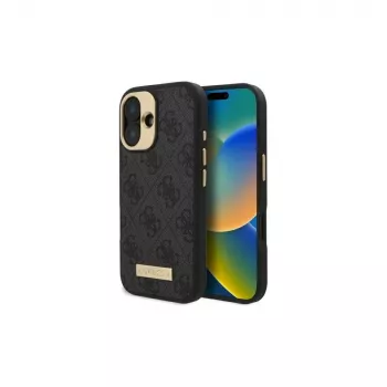 Guess GUHMP16SU4GPRK Coque rigide 4G Logo Plate MagSafe noire pour iPhone 16 6,1 pouces
