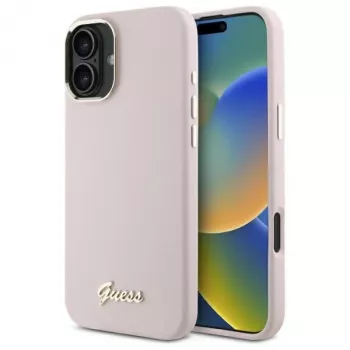 Guess GUHCP16SSMBSLP Coque rigide en silicone rose avec logo métal Script et cadre pour iPhone 16 6,1 pouces