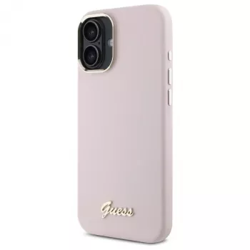 Guess GUHCP16SSMBSLP Coque rigide en silicone rose avec logo métal Script et cadre pour iPhone 16 6,1 pouces