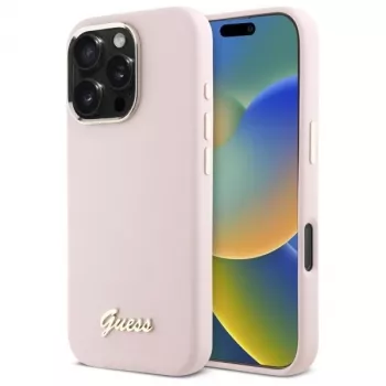 Guess GUHCP16LSMBSLP Coque rigide en silicone rose avec logo métal Script et cadre pour iPhone 16 Pro 6,3 pouces