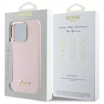 Guess GUHCP16XSMBSLP Coque rigide en silicone rose avec logo métal Script et cadre pour iPhone 16 Pro Max 6,9 pouces