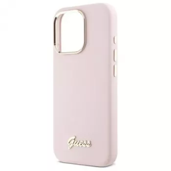 Guess GUHCP16XSMBSLP Coque rigide en silicone rose avec logo métal Script et cadre pour iPhone 16 Pro Max 6,9 pouces
