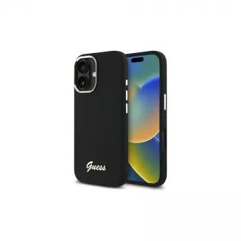 Guess GUHCP16MSMBSLK Coque rigide en silicone avec logo métal Script et cadre noire pour Apple iPhone 16 Plus 6,7 pouces
