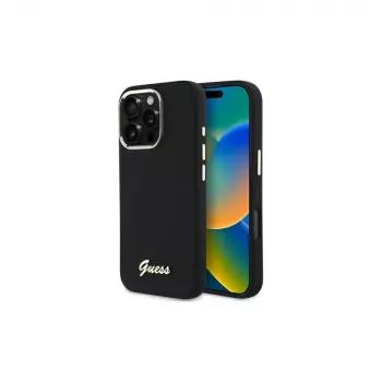 Guess GUHCP16XSMBSLK iPhone 16 Pro Max 6,9 inch coque rigide noire silicone Script logo et cadre métal