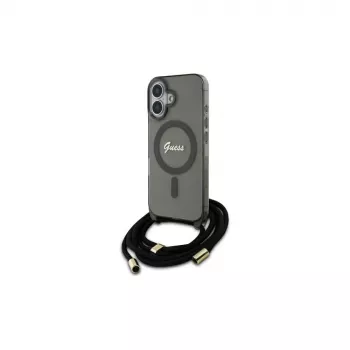 Guess GUHMP16SHCTSGNSK iPhone 16 6,1 inch coque rigide noire avec cordon bandoulière et logo Script, compatible MagSafe