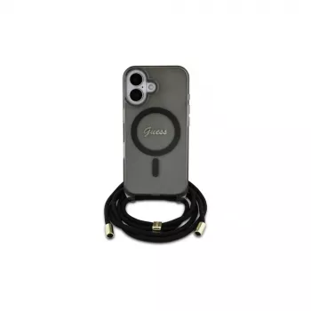Guess GUHMP16SHCTSGNSK iPhone 16 6,1 inch coque rigide noire avec cordon bandoulière et logo Script, compatible MagSafe