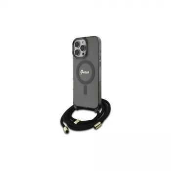 Guess coque rigide cordon bandoulière Script MagSafe pour iPhone 16 Pro Max 6,9 inch noire
