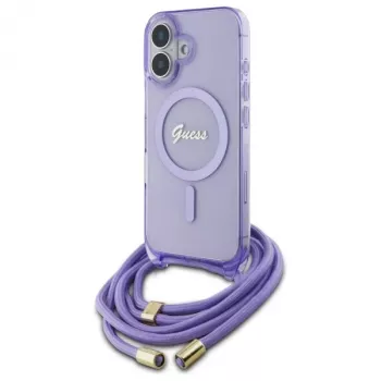 Guess GUHMP16SHCTSGNSU iPhone 16 6,1 inch coque rigide violette cordon bandoulière Script MagSafe
