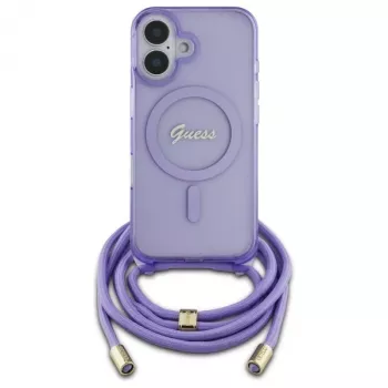 Guess GUHMP16SHCTSGNSU iPhone 16 6,1 inch coque rigide violette cordon bandoulière Script MagSafe