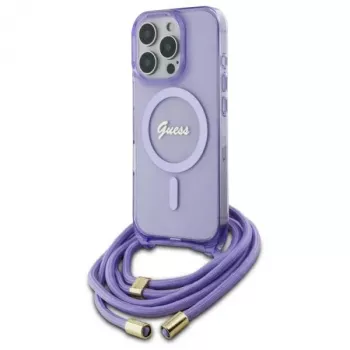Guess GUHMP16LHCTSGNSU iPhone 16 Pro 6,3 inch coque rigide violette cordon bandoulière Script MagSafe
