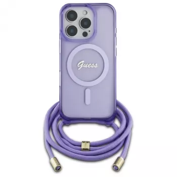 Guess GUHMP16LHCTSGNSU iPhone 16 Pro 6,3 inch coque rigide violette cordon bandoulière Script MagSafe