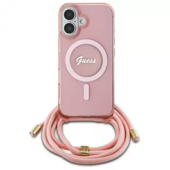 Guess GUHMP16SHCTSGNSP iPhone 16 6,1 inch coque rigide rose cordon bandoulière Script MagSafe